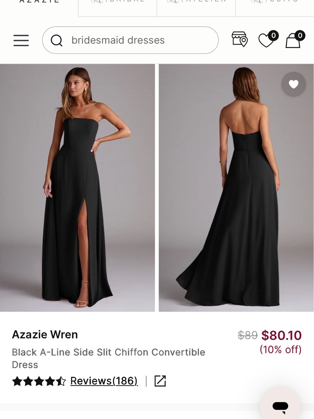 Azazie Black Strapless A-Line Gown with Front Slit
